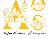 Personalized Sunflower Split Monogram, Split Letter Svg, Family name monogram, lower Monogram Clipart, Floral Letter Graphic, Monogram SVG