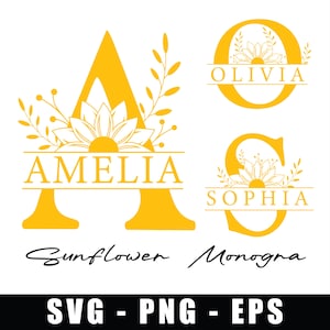 Monograma de girassol dividido personalizado, letra dividida SVG, monograma de sobrenome, clipart de monograma inferior, gráfico de letra floral, monograma SVG