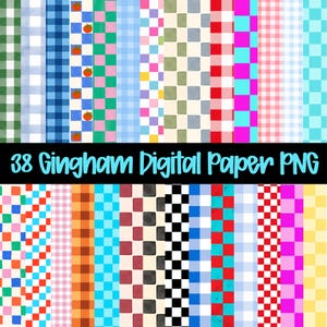 May include: A collection of 38 digital paper patterns featuring various gingham, checkered, and plaid designs in a wide array of colours including red, blue, green, pink, yellow, and black. The text 38 Gingham Digital Paper PNG is centred.