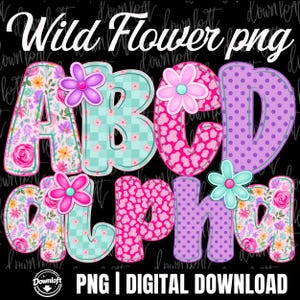 May include: A digital graphic featuring the letters A, B, C, D, a, l, p, h, a in various patterns including floral, checkered, cow print, and polka dots. The letters are decorated with colorful flower icons. Text reads Wild Flower png.