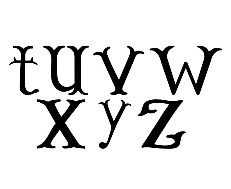 May include: Black serif font letters t, u, v, w, x, y, and z. The letters have decorative flourishes at the top and bottom. The letters are displayed on a white background.