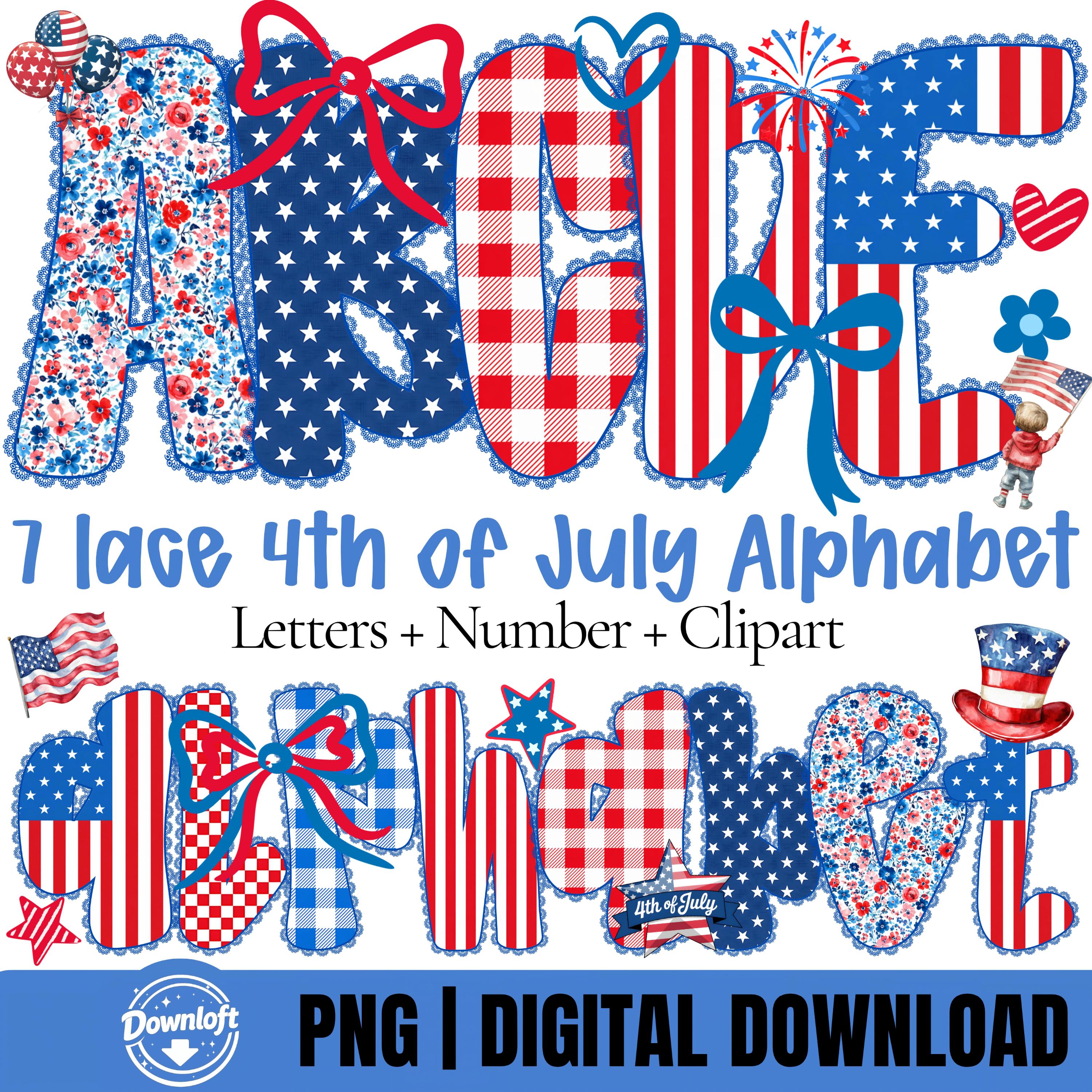 10 4th of July Alphabet PNG Bundle, Preppy Patriotic Doodle Letters ...