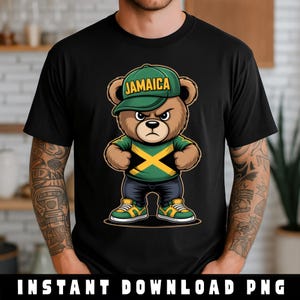 May include: Black t-shirt with a cartoon bear wearing a green cap with "JAMAICA" and a green and yellow shirt with the Jamaican flag. The bear is wearing blue jeans and green and yellow trainers. The text "INSTANT DOWNLOAD PNG" is at the bottom.