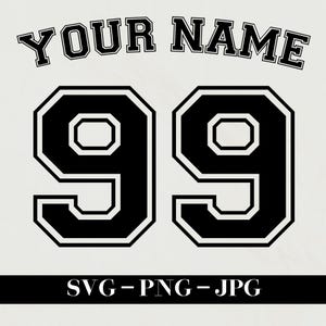May include: Black and white graphic design of the number 99 in a varsity style font. The text "YOUR NAME" is above the number. The text "SVG-PNG-JPG" is below the number.