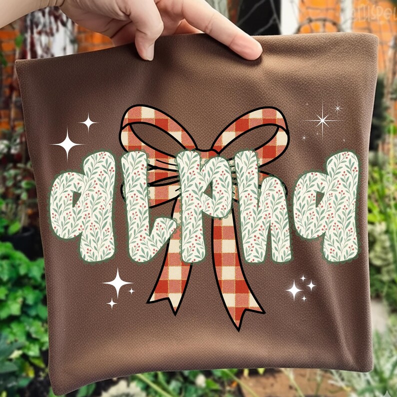 Pode incluir: Almofada marrom com um la&ccedil;o decorativo e a palavra "ALPHA" em uma fonte extravagante. O la&ccedil;o apresenta um padr&atilde;o xadrez vermelho e branco, enquanto as letras s&atilde;o adornadas com um design floral verde e vermelho. Estrelas brancas adicionam um toque de brilho.
