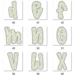 Pode incluir: Um conjunto de letras min&uacute;sculas em uma fonte l&uacute;dica e arredondada. As letras s&atilde;o de um tom verde claro e t&ecirc;m uma apar&ecirc;ncia texturizada, possivelmente salpicada. Cada letra &eacute; exibida em um fundo branco, criando uma apresenta&ccedil;&atilde;o limpa e organizada.