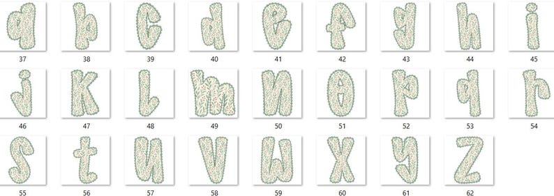 Pode incluir: Um conjunto de letras min&uacute;sculas em uma fonte l&uacute;dica e arredondada. As letras s&atilde;o de um tom verde claro e t&ecirc;m uma apar&ecirc;ncia texturizada, possivelmente salpicada. Cada letra &eacute; exibida em um fundo branco, criando uma apresenta&ccedil;&atilde;o limpa e organizada.