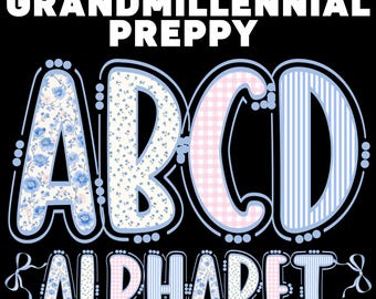 Grandmillennial Adreppy Blumen Alphabet Bundle Png, Blumen Gingham Streifen Buchstaben Png, Kokette Alpha Schriftart, Grandmillennial Blumen Alpha Png