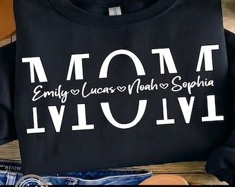 Custom Mom With Kids Name Png, Trendy Mom, Custom Name Heart Shirt Design Personalized Kids Names Mother's Day Gift, Mom Gift,Retro Mama Png