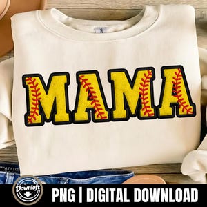 May include: Cream-coloured sweatshirt featuring the word "MAMA" in large, yellow, baseball-themed lettering. The letters have red stitching details. Digital download.