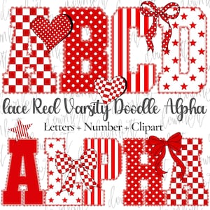 May include: A digital graphic set featuring red and white varsity-style letters and numbers with lace-like edges. Patterns include red and white checkers, polka dots, stripes, and stars. Decorative elements include red hearts, bows, and stars.