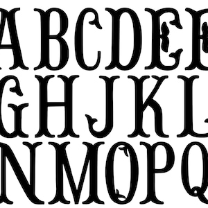 May include: Black uppercase alphabet letters A through Q in a decorative serif font. The letters are evenly spaced and arranged in three rows. The font has a classic, elegant style, suitable for various craft projects.