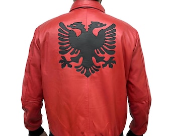 Albanian Flag Red Leather Jacket: Eagle Heritage Varsity Style