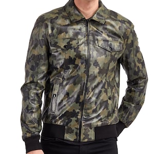 Handmade Camo Sheepskin Leather Bomber Jacket: Military Style