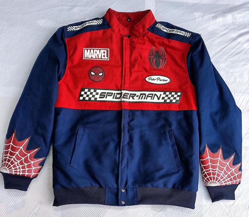 Spider Man Jacket, Spider Man Costume, Spider Man Cosplay, Peter Parker Inspired Jacket, Varsity Jacket, Superhero Jacket, Superhero Cosplay, Comic-Con Costume, No Way Home Jacket, Spider-Man Movie Outfit, Cosplay Costume, Men Cosplay, Unisex Cosplay, Bomber Jacket, Comic Book Jacket, Halloween Costume, Superhero Outfit.
