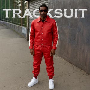 Handmade Red Leather Tracksuit: Men&#39;s Jogging Sweatsuit with White Stripes