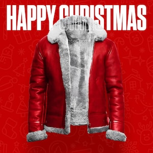 May include: A red leather jacket with a white faux fur lining and trim. The jacket has a zipper closure and a classic aviator style. The words "HAPPY CHRISTMAS" are displayed in white block letters at the top of the image. The background is red with Christmas-themed illustrations.