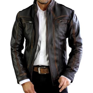 Distressed Lambskin Leather Cafe Racer Jacket: Handmade Black Biker Jacket