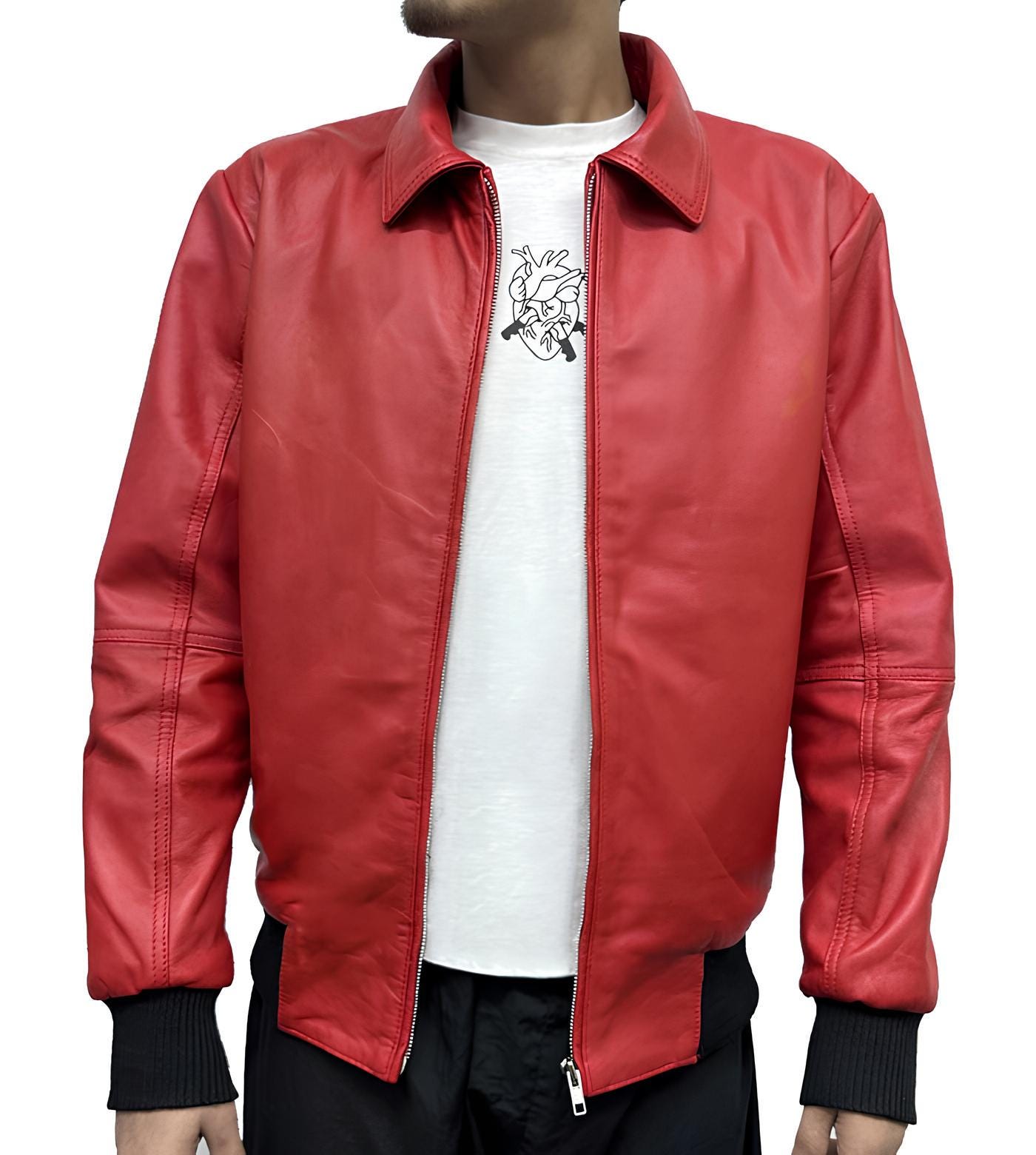Bomber Jacket Men Leather Drake Albanian Flag Red Leather Jacket