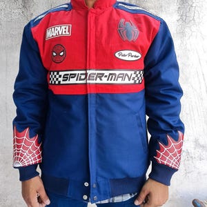 Spider Man Jacket, Spider Man Costume, Spider Man Cosplay, Peter Parker Inspired Jacket, Varsity Jacket, Superhero Jacket, Superhero Cosplay, Comic-Con Costume, No Way Home Jacket, Spider-Man Movie Outfit, Cosplay Costume, Men Cosplay, Unisex Cosplay, Bomber Jacket, Comic Book Jacket, Halloween Costume, Superhero Outfit.