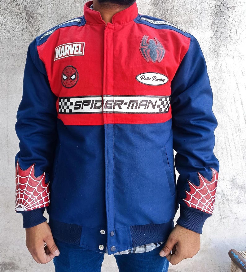 Spider Man Jacket, Spider Man Costume, Spider Man Cosplay, Peter Parker Inspired Jacket, Varsity Jacket, Superhero Jacket, Superhero Cosplay, Comic-Con Costume, No Way Home Jacket, Spider-Man Movie Outfit, Cosplay Costume, Men Cosplay, Unisex Cosplay, Bomber Jacket, Comic Book Jacket, Halloween Costume, Superhero Outfit.