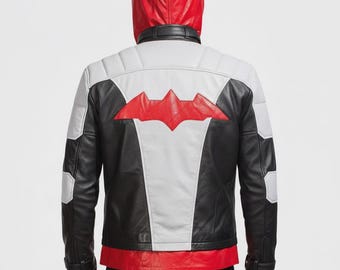 Handgemachte rote Kapuze Lederjacke, Arkham City Jacke, Jason Todd Cosplay