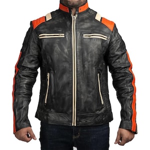 Distressed Black Lambskin Leather Cafe Racer Jacket - Vintage Biker Style