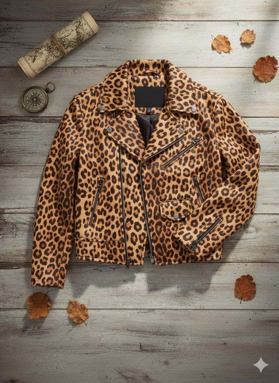 Handmade Leopard Print Leather Biker Jacket: Vintage Crop Moto