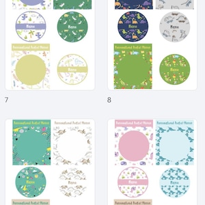 May include: A sheet of personalized pocket mirrors with dinosaur themes. Each mirror has a central circle for a name, surrounded by a decorative border and the text "Personalized Pocket Mirror". The name "Marie" is printed on some.