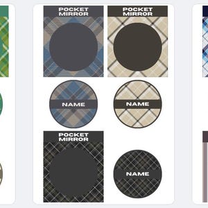 Puede incluir: Colección de espejos de bolsillo con varios diseños de cuadros y rayas. Cada espejo tiene el texto "POCKET MIRROR" en la parte superior y "NAME" en una banda horizontal. Los colores incluyen marrón, verde, azul y gris.