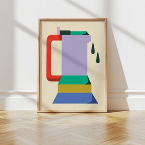 May include: Abstract art print featuring a stylized pitcher in shades of purple, red, green, yellow, and blue. The artwork is framed in a light wood frame and set against a cream background. Two dark green teardrops are falling from the pitcher.