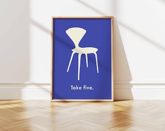 Mid-Century Modern Chair Print | White & Blue Furniture Poster (Digital Download)