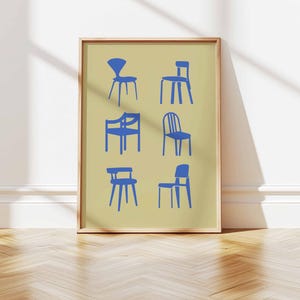 Mid-Century Iconic Chairs Digital Download in Blue | Iconic Vintage Retro Furniture Design Poster | 50s 60s 70s Wall Art | Eames chair