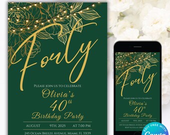 Editable Green Birthday Invitation, Digital 40th Birthday Invitation Women, 40th Birthday Invitation Green, Invitation 40th Birthday Girl
