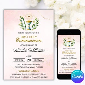 Modelo de convite editável para a primeira comunhão, cartão de convite para comunhão, convite moderno para comunhão, convites para comunhão de meninas