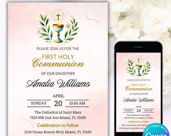 Editable First Holy Communion Invitation Template, Communion Invitation Card, Modern Communion Invitation, Girl Communion Invitations