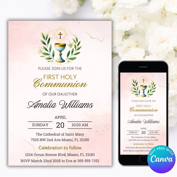 Editable First Holy Communion Invitation Template, Communion Invitation Card, Modern Communion Invitation, Girl Communion Invitations Editable First Holy Communion Invitation Template, Communion Invitation Card, Modern Communion Invitation, Girl Communion Invitations