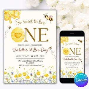 Editable Bee First Birthday Invitation, Our Little Honey First Birthday Invitation, Bee Birthday Invitation, 1st Bee-Day Invitation