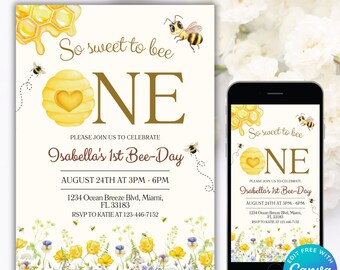 Editable Bee First Birthday Invitation, Our Little Honey First Birthday Invitation, Bee Birthday Invitation, 1st Bee-Day Invitation