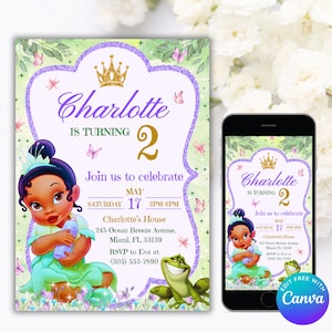 Invito di compleanno modificabile per Baby Tiana, invito digitale per Baby Tiana, invito per la principessa Tiana, invito per la festa di compleanno della principessa Tiana