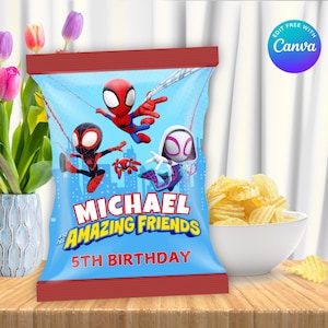 Editable Spidey Chip Bag, Spidey Theme Party , Spidey Kids Party, Spidey Party Favors, Spidey And His Party, Spidey Birthday Boy And Girl