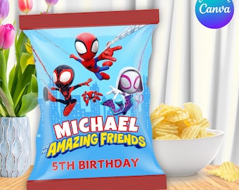 Editable Spidey Chip Bag, Spidey Theme Party , Spidey Kids Party, Spidey Party Favors, Spidey And His Party, Spidey Birthday Boy And Girl