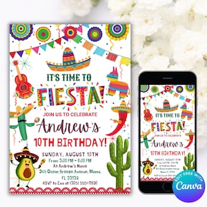 Puede incluir: Una invitación colorida para una fiesta de cumpleaños número 10 con temática de fiesta. La invitación presenta un aguacate de dibujos animados, un cactus y un sombrero. El texto dice "¡Es hora de Fiesta! ¡Únete a nosotros para celebrar el cumpleaños número 10 de Andrew!" Domingo 10 de agosto, de 3:00 PM a 6:00 PM en la casa de Andrew, 245 Ocean Breeze Avenue, Miami, FL 33139. RSVP a Eva al (305) 555-7890.