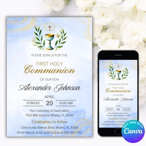 Plantilla editable de invitación de Primera Comunión, Tarjeta de invitación de Comunión, Invitación de Comunión Moderna, Invitación de Comunión en Acuarela Azul Oscuro