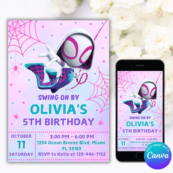 Editable Ghost Spider Birthday Invitation, Spidey Birthday Invite, Spidey Birthday Card, Ghost Spider invite, Gwen Birthday Party Invite