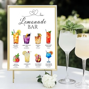Menu modifiable de limonade de mariage, support de limonade de mariage enseigne de limonade bar enseigne de mariage open bar menu limonade bar enseigne nuptiale de douche