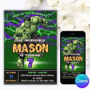 May include: A green and purple birthday invitation featuring a cartoon illustration of a green superhero. The invitation reads "The Incredible Mason is Turning 7" with event details including date, time, and location.