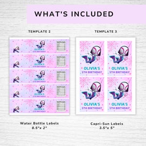 May include: Pink and purple birthday party labels featuring a Spider-Gwen character. The image includes water bottle labels (8.5" x 2") and Capri-Sun labels (3.5" x 5") with the text "OLIVIA'S 5TH BIRTHDAY".