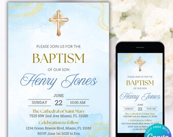 Editable Baptism Invitation, Boy Baptism Invitation Phone, Invite Boys Baptism, Baptism Invitation Boy Digital Download, Blue Baptism Invite