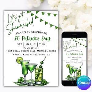 Convite editável para festa de trevo do dia de São Patrício para adultos, convite para download do dia de São Patrício, convite de aniversário do dia de São Patrício